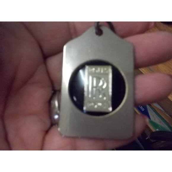 Rolls Royce Vintage Keychain Dog Tag Pendant Silver Tone Black Logo Made in USA